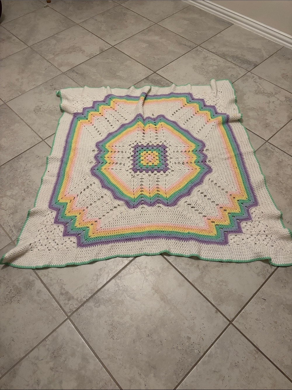 Handmade Cream Crochet Baby Blanket with Pastel Rainbow Accents
